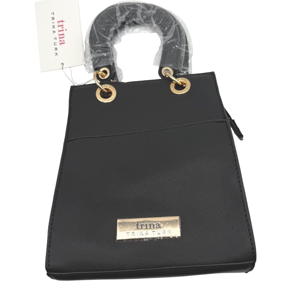 Trina Turk Double Handle Crossbody Black Vegan Leather Mini Satchel‎ Purse $99
